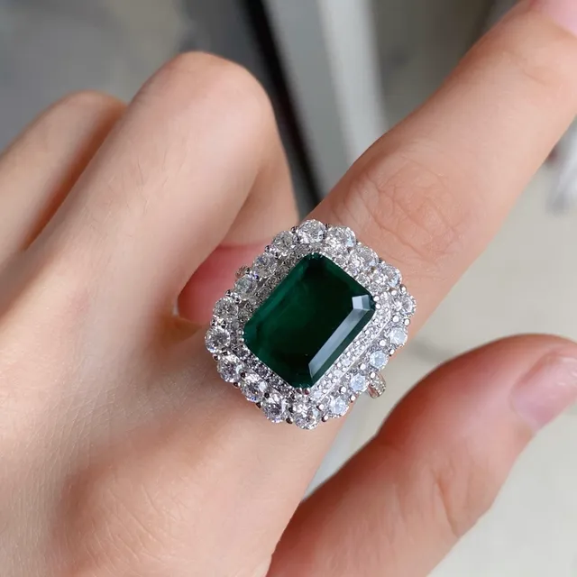Emerald-Cut Green Gemstone Double Halo Ring 9