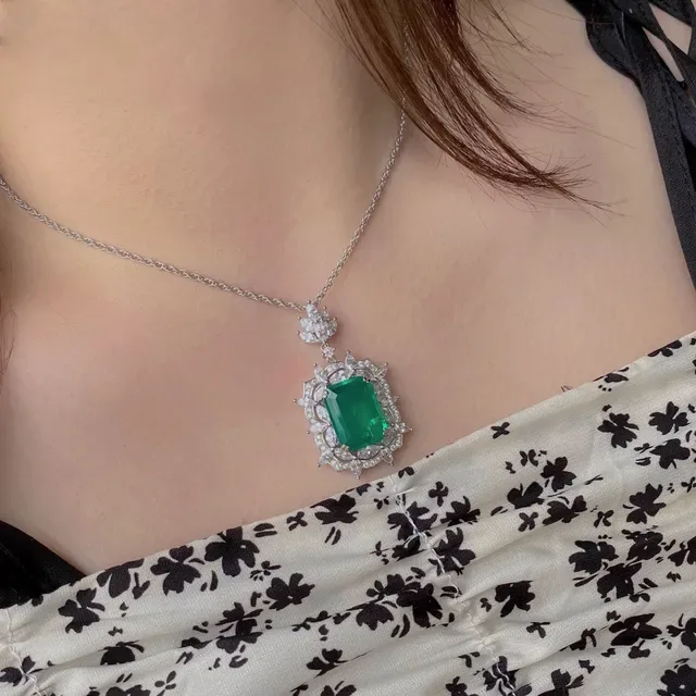 Emerald-Cut Green Gemstone Halo Pendant Necklace 9