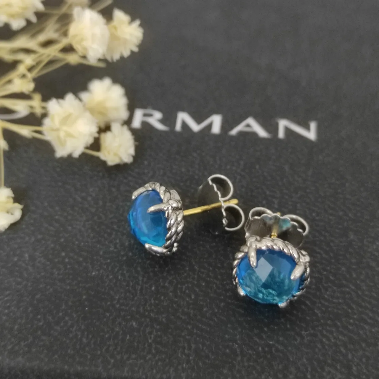 Faceted Blue Stone Rope-Bezel Stud Earrings 2
