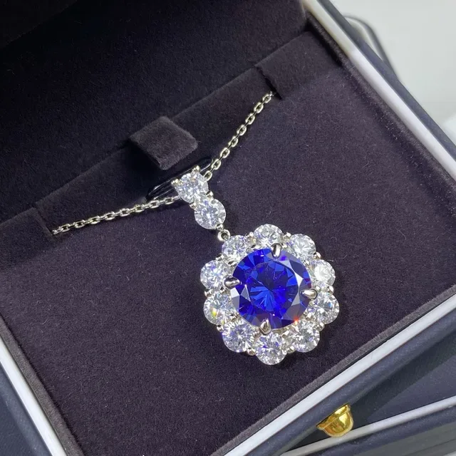 Floral Halo Blue Center Stone Pendant Necklace 2