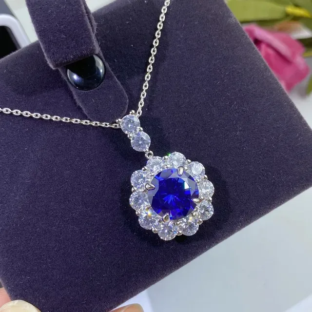 Floral Halo Blue Center Stone Pendant Necklace 3