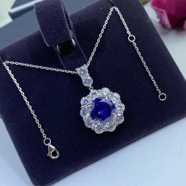 Floral Halo Blue Center Stone Pendant Necklace 4