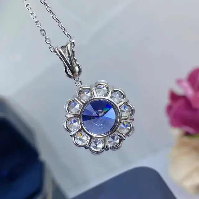 Floral Halo Blue Center Stone Pendant Necklace 5