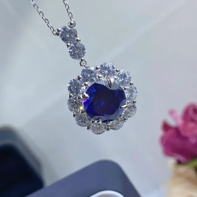 Floral Halo Blue Center Stone Pendant Necklace 6