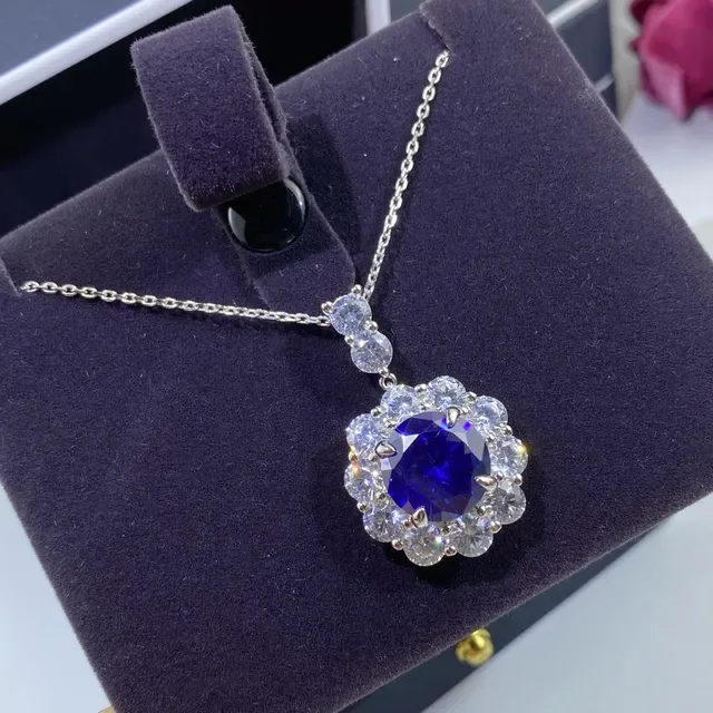 Floral Halo Blue Center Stone Pendant Necklace 7