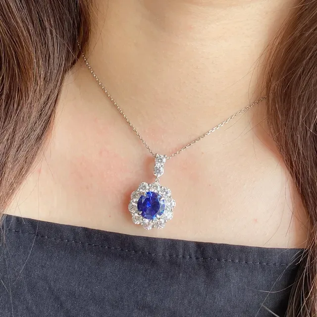 Floral Halo Blue Center Stone Pendant Necklace 8