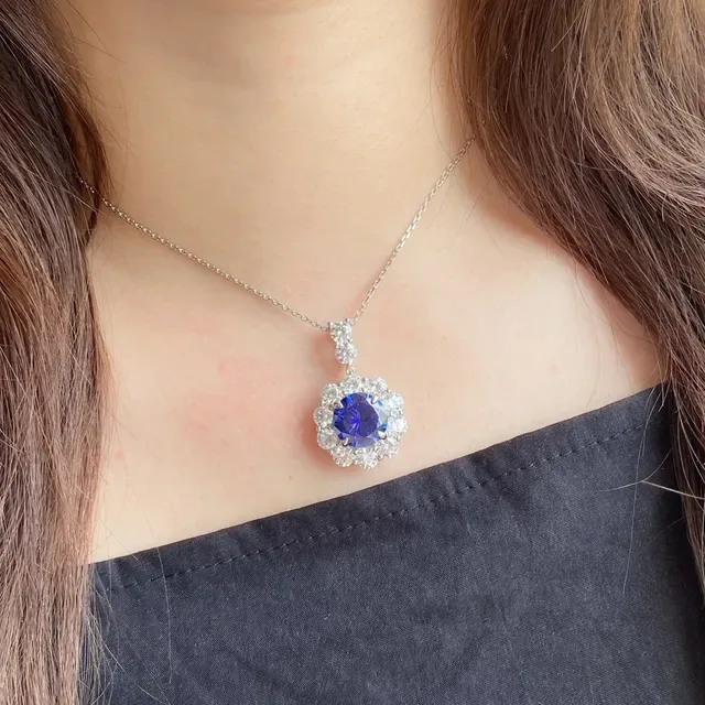 Floral Halo Blue Center Stone Pendant Necklace 9