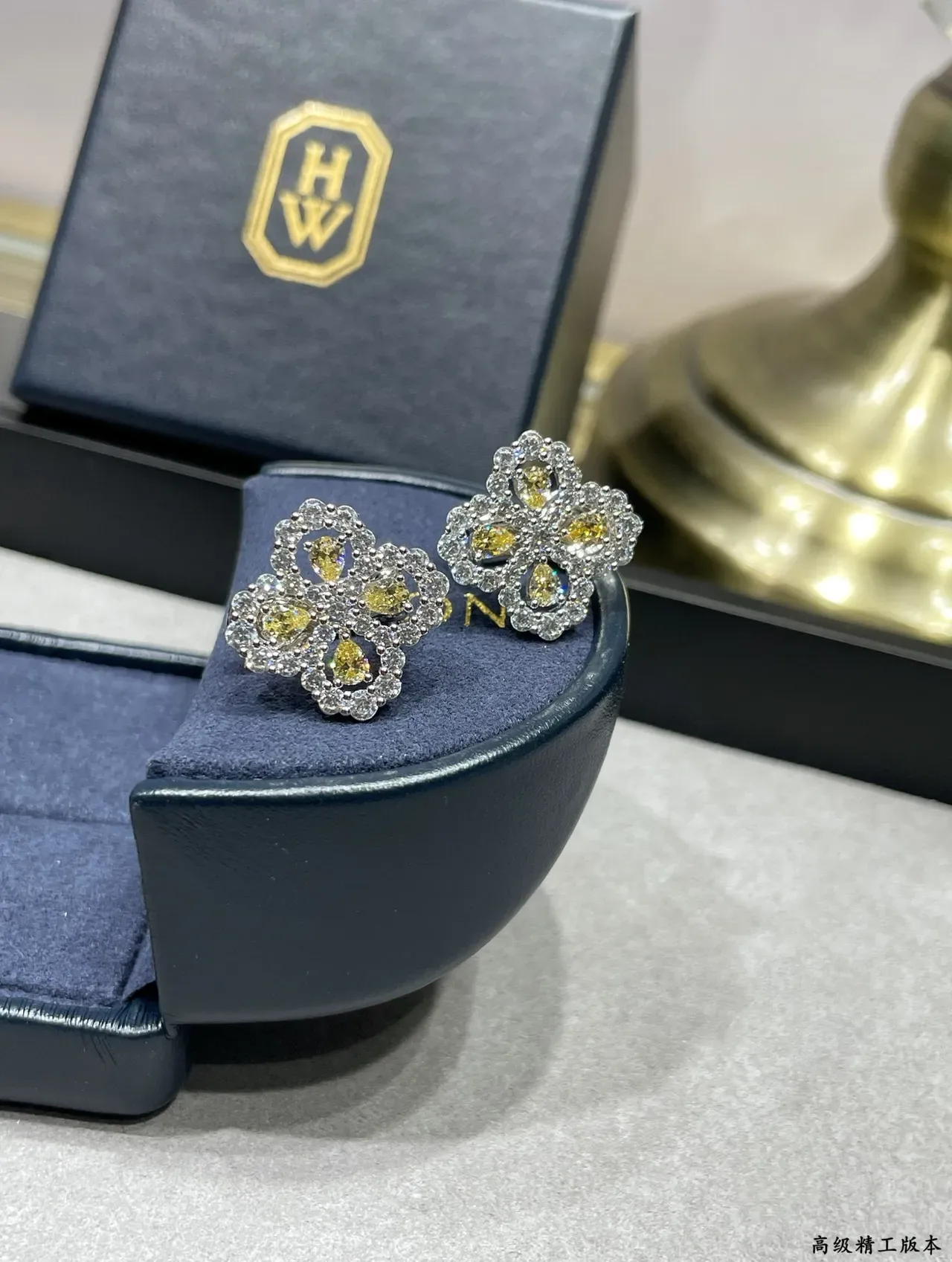 Floral Motif Pave-Set Yellow and Clear Stone Stud Earring 7