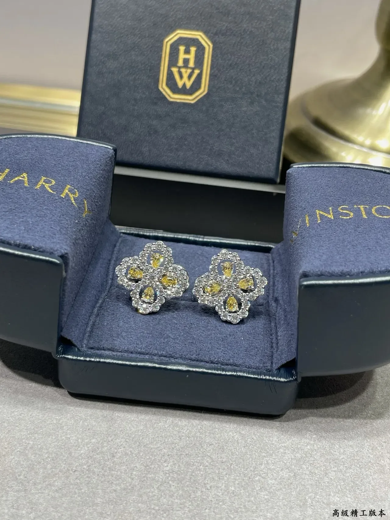 Floral Motif Pave-Set Yellow and Clear Stone Stud Earring 9