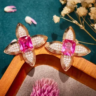 Floral Motif Pink Gemstone Pavé Diamond Earrings