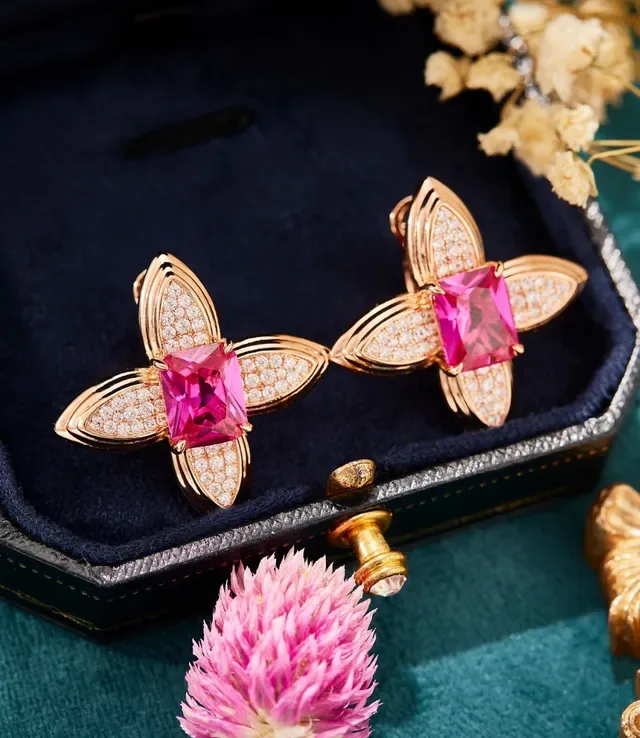 Floral Motif Pink Gemstone Pavé Diamond Earrings 5