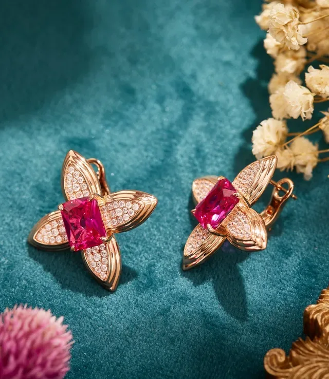 Floral Motif Pink Gemstone Pavé Diamond Earrings 6