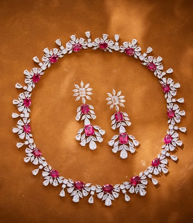 Floral Motif Ruby and Clear Gemstone Necklace 3