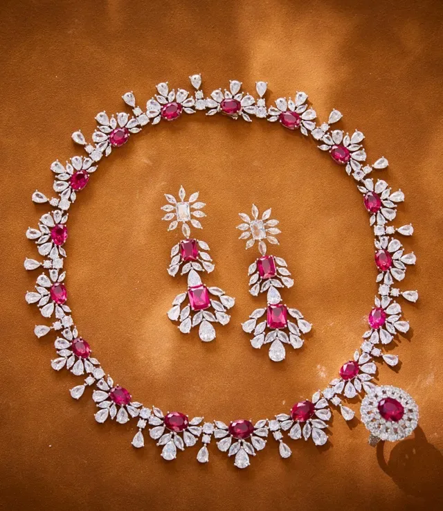 Floral Motif Ruby and Clear Gemstone Necklace 7