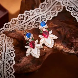 Floral Multi-Gemstone Pave Diamond Earrings