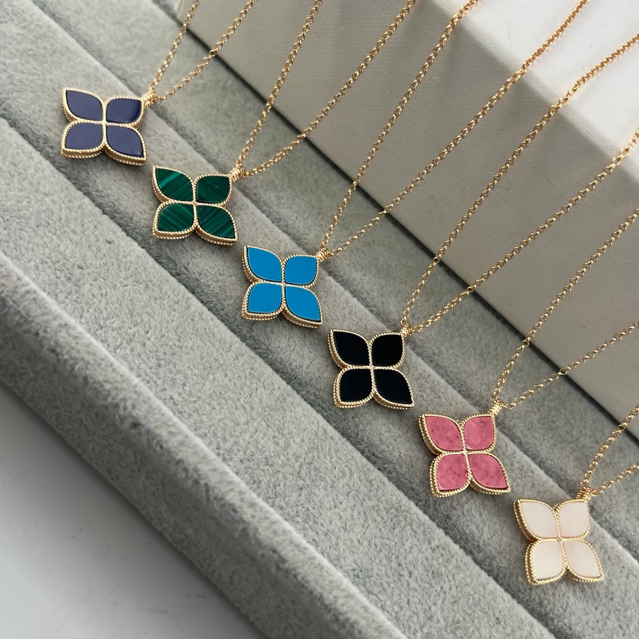 Floral Quatrefoil Enamel and Crystal Pendant Necklaces 8