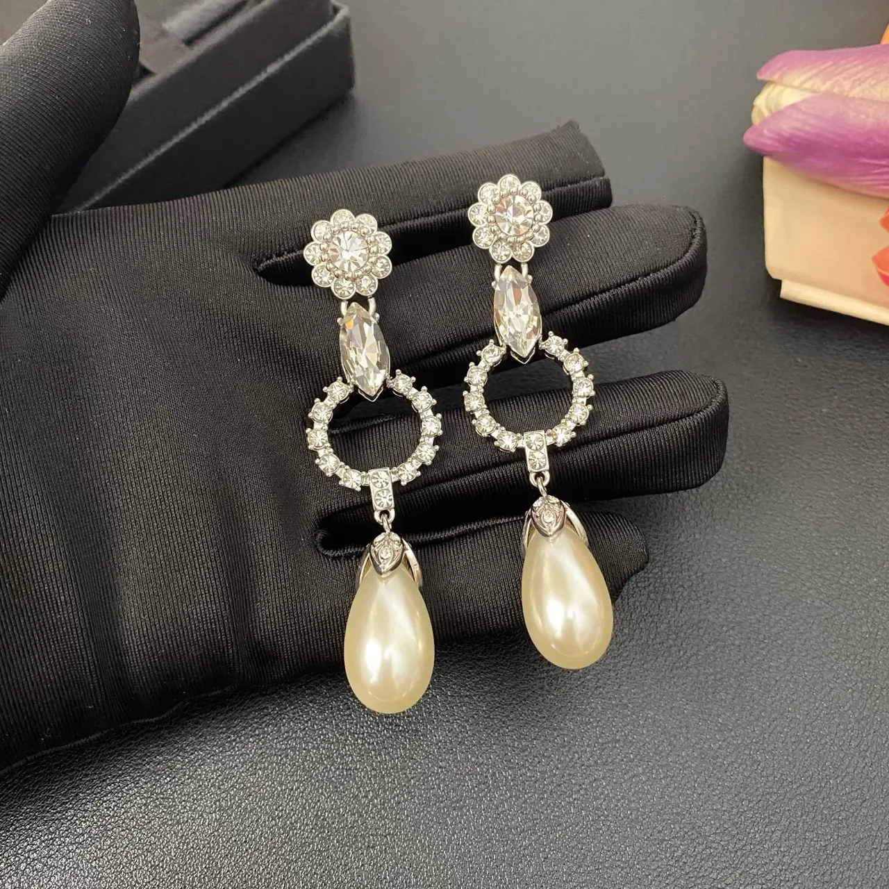Floral-Top Marquise Crystal Open-Circle Teardrop Pearl Drop Earrings 5