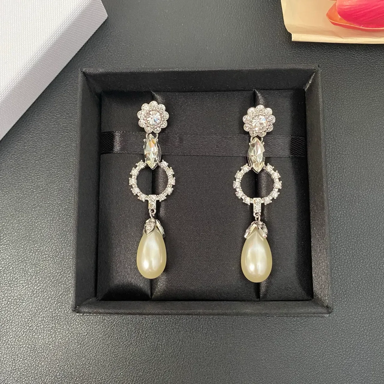 Floral-Top Marquise Crystal Open-Circle Teardrop Pearl Drop Earrings 6