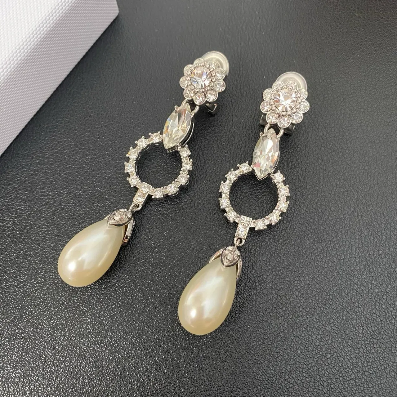 Floral-Top Marquise Crystal Open-Circle Teardrop Pearl Drop Earrings 7