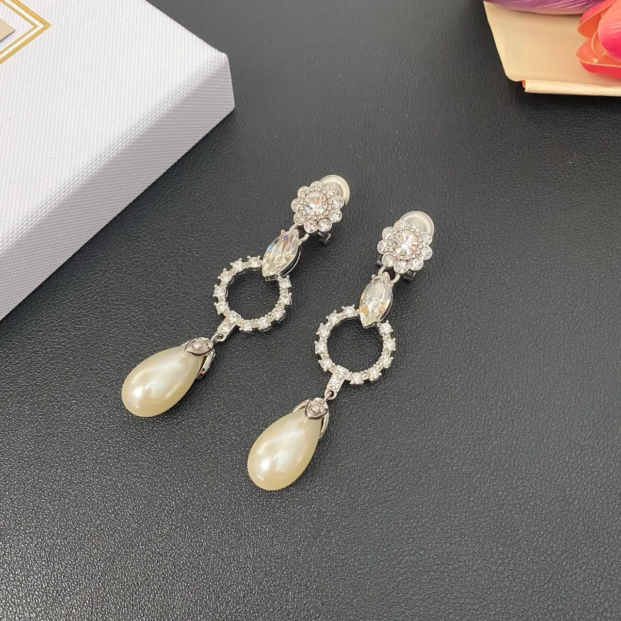 Floral-Top Marquise Crystal Open-Circle Teardrop Pearl Drop Earrings 8