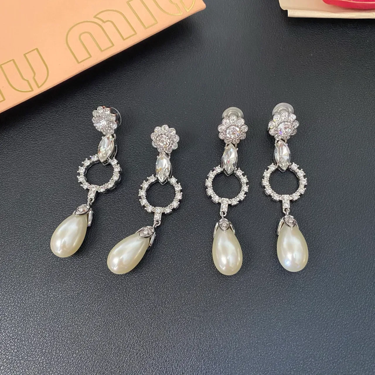 Floral-Top Marquise Crystal Open-Circle Teardrop Pearl Drop Earrings 9