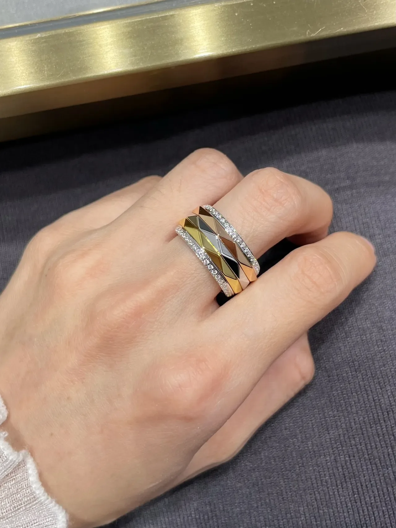 Geometric Faceted Pavé Multi-Tone Metal Wide Rings 8