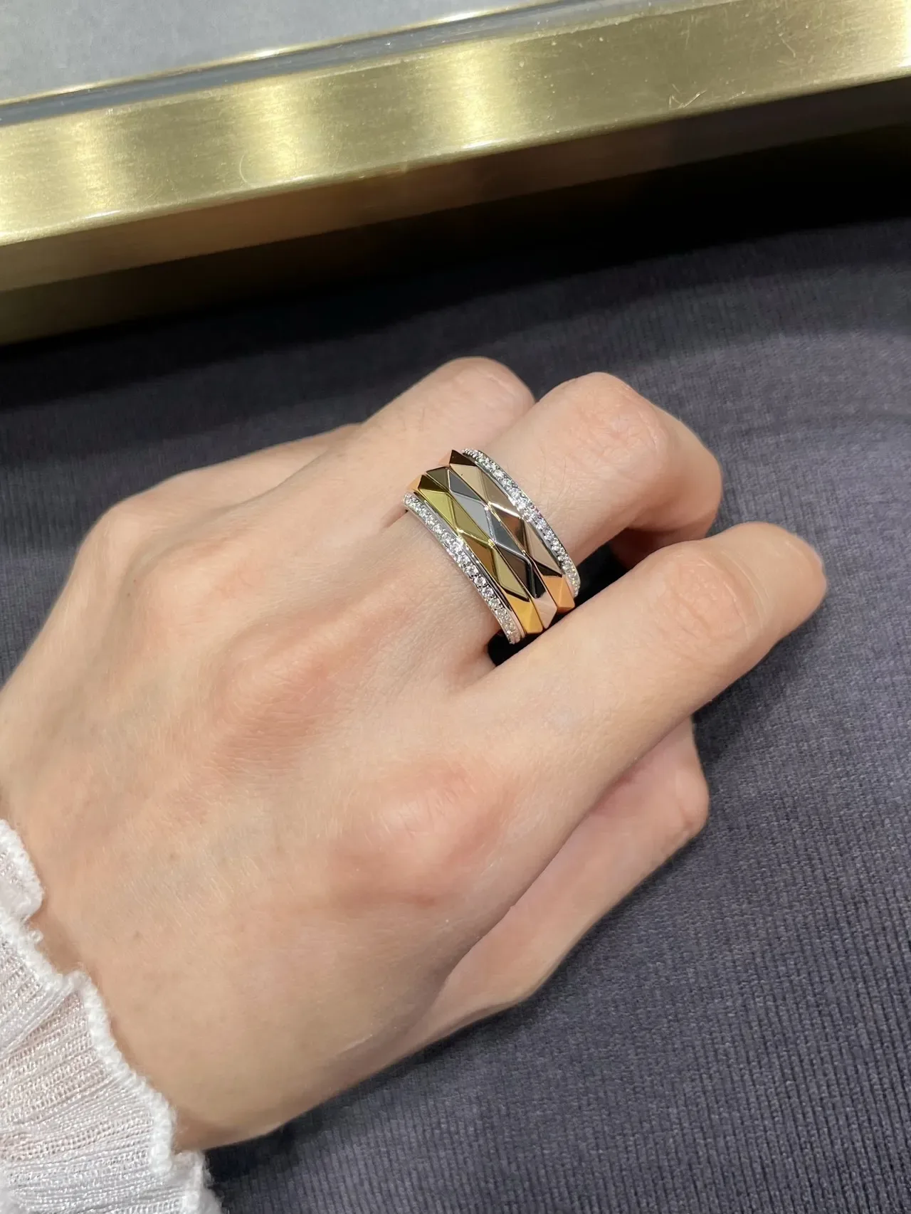 Geometric Faceted Pavé Multi-Tone Metal Wide Rings 9