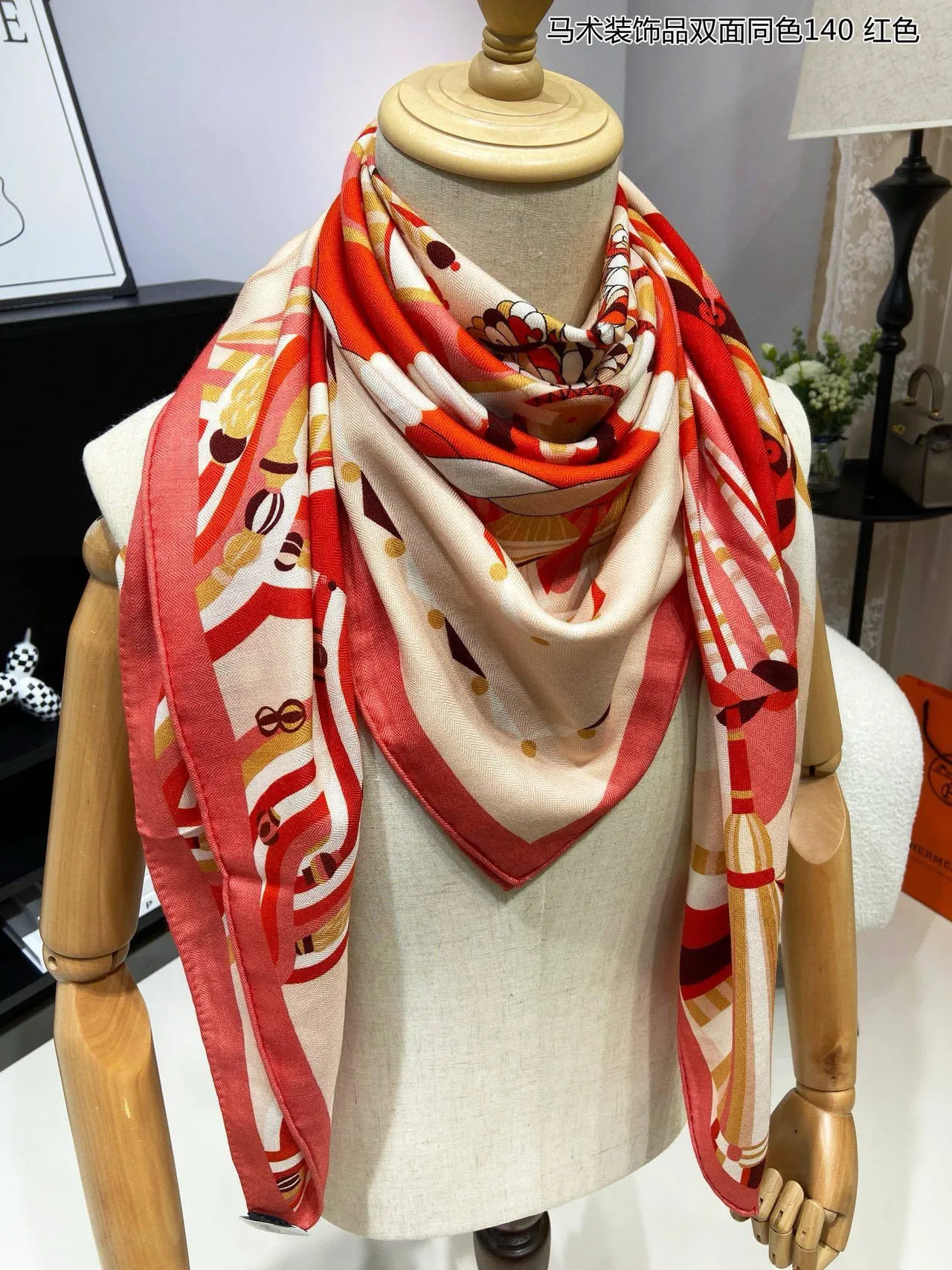 Geometric Print Red and Cream Silk Scarf 5
