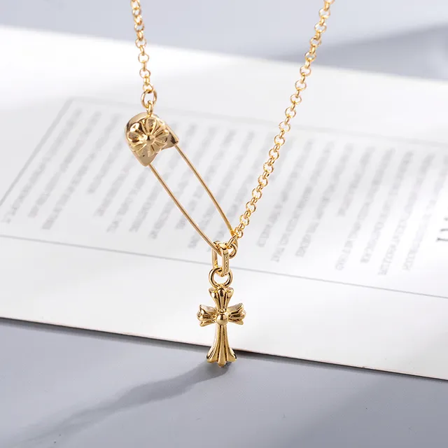 Gold and Silver Safety-Pin Cross Flower Charm Necklaces 2