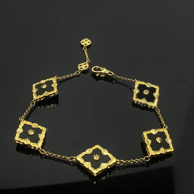 Gold Black Chain Enamel Quatrefoil Links Bracelet 2