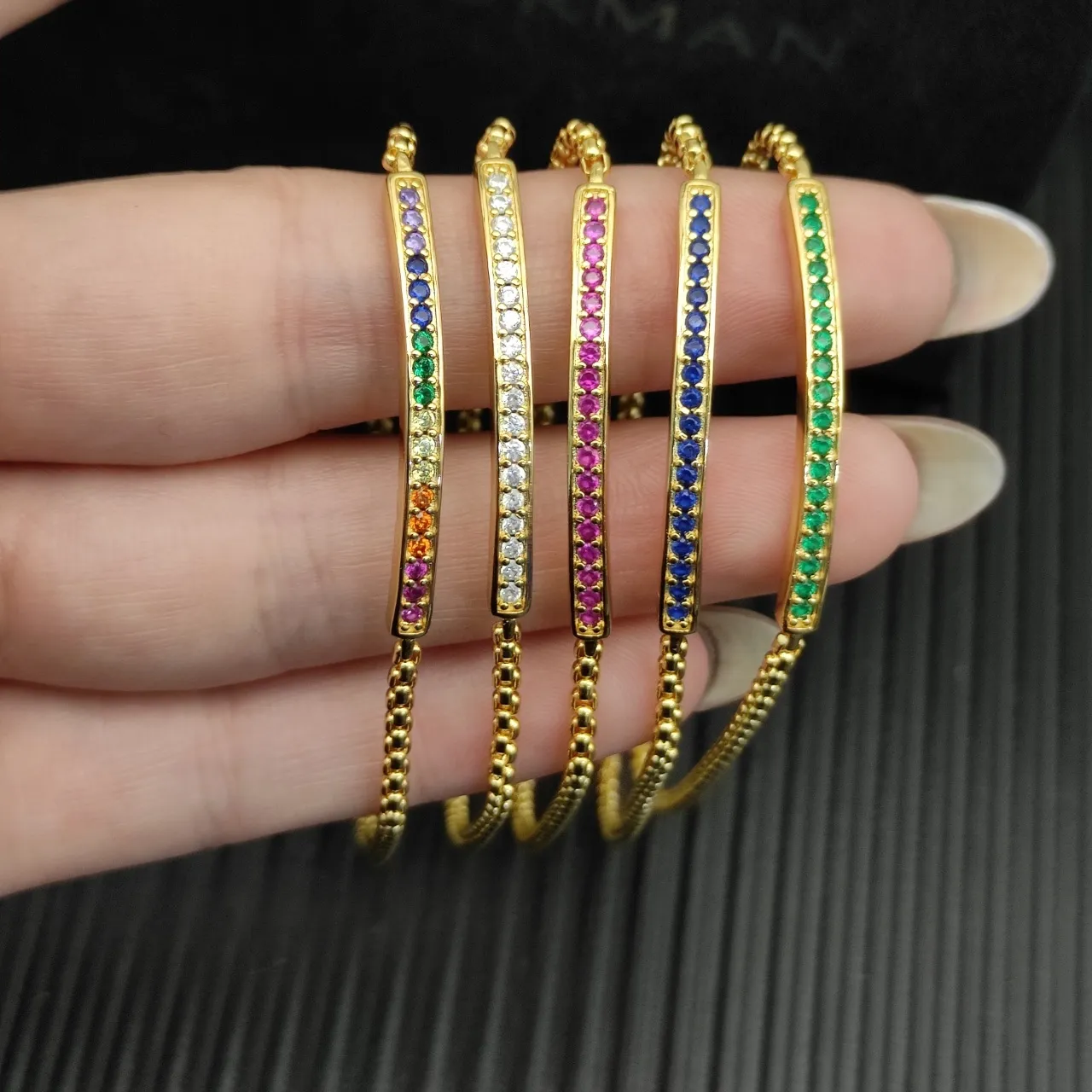 Gold Blue Box Chain Horizontal Bar Setting Bracelet 3
