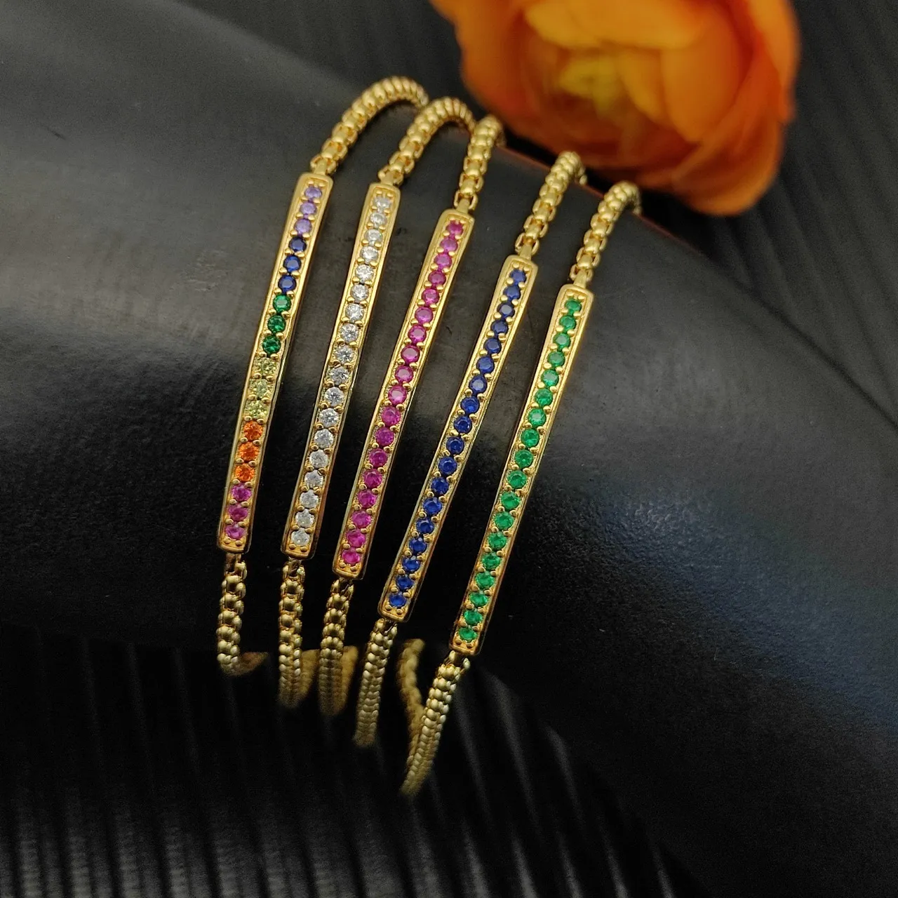 Gold Blue Box Chain Horizontal Bar Setting Bracelet 4