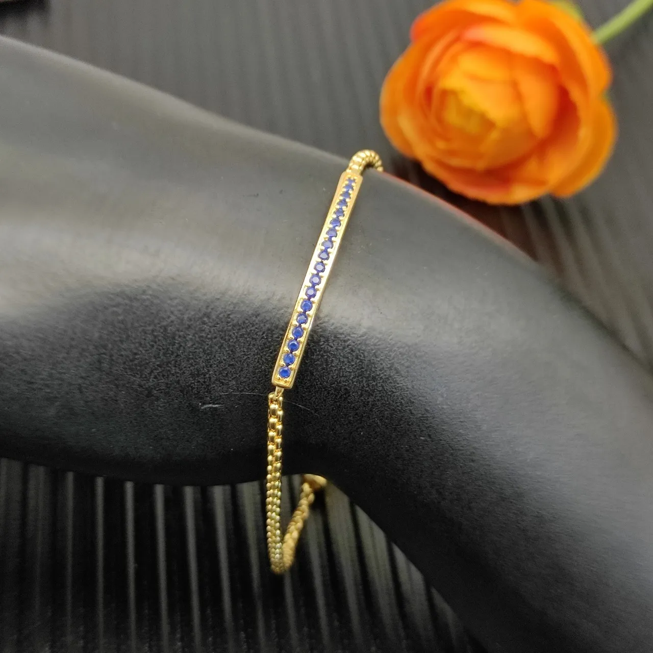 Gold Blue Box Chain Horizontal Bar Setting Bracelet 5