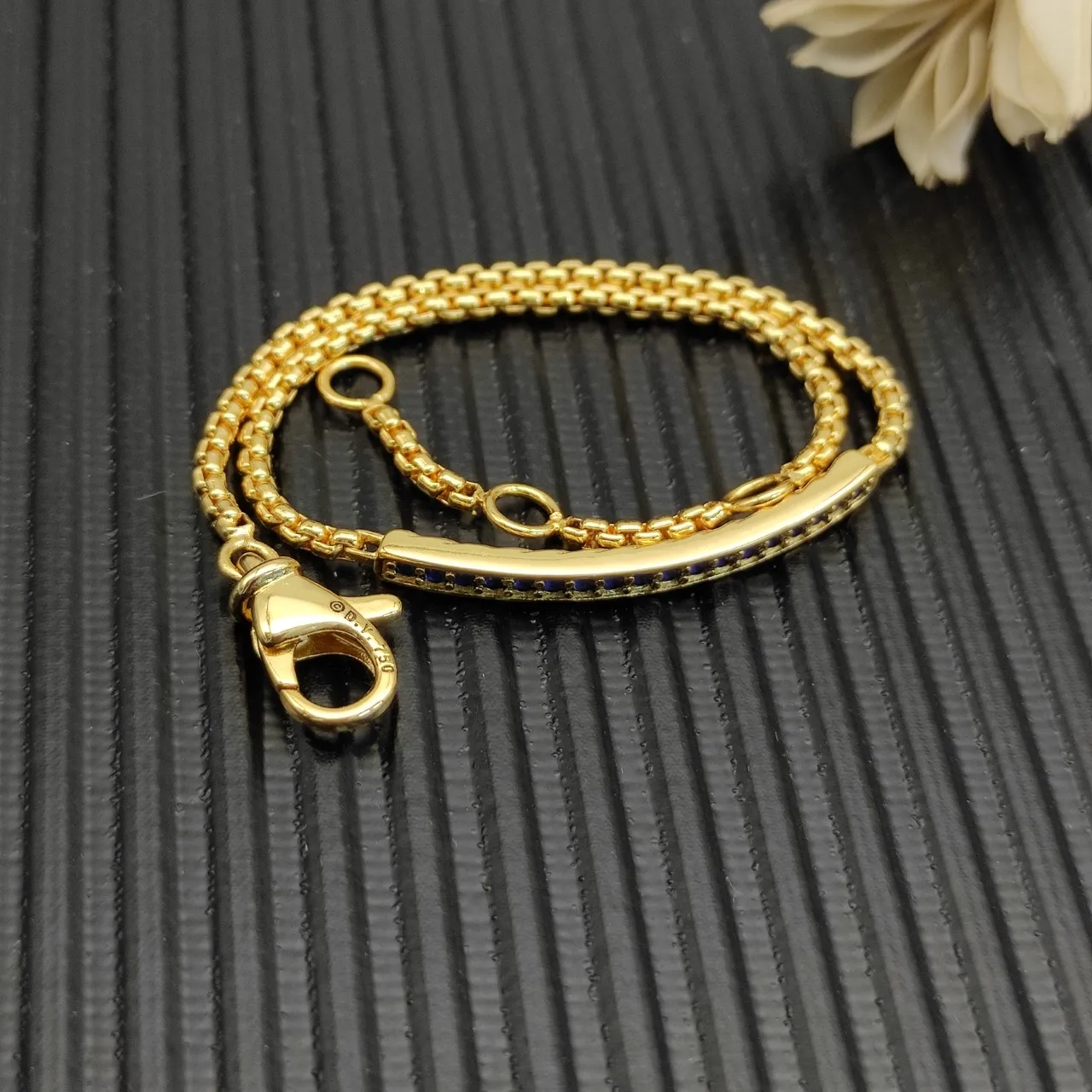 Gold Blue Box Chain Horizontal Bar Setting Bracelet 7