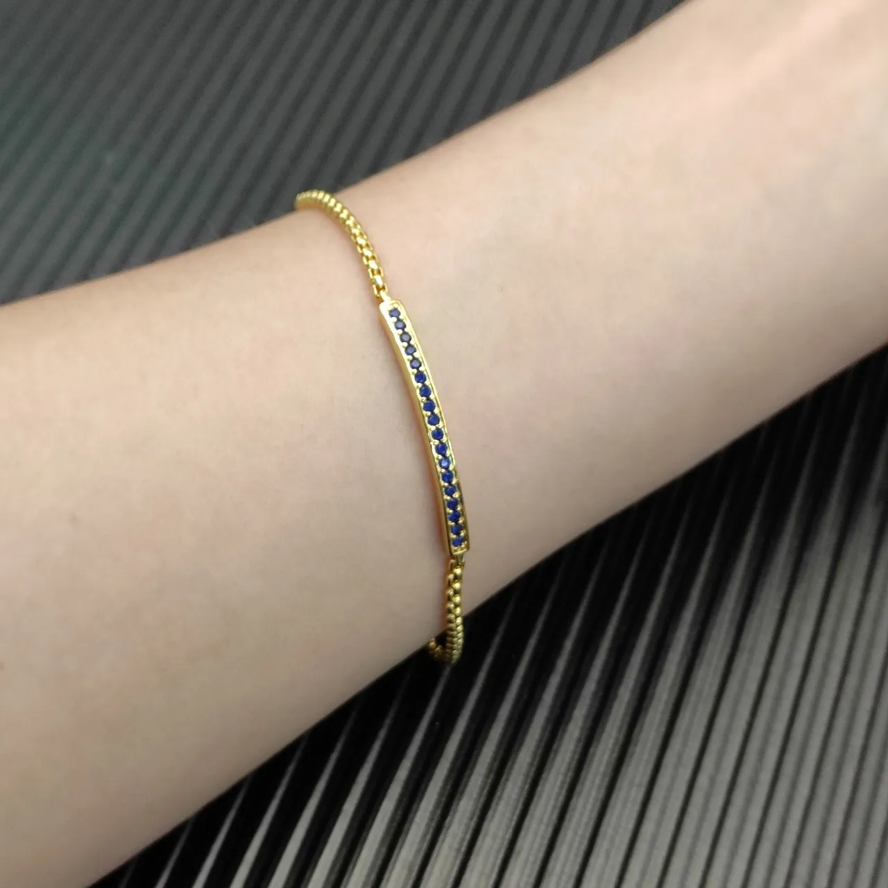 Gold Blue Box Chain Horizontal Bar Setting Bracelet 8