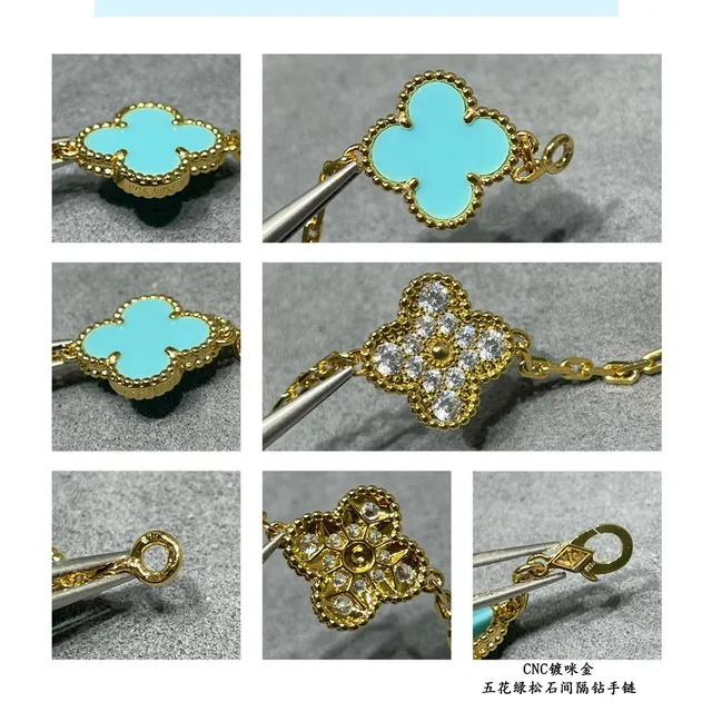 Gold Blue Chain-Link Clover-Shaped Charms Bracelet 4