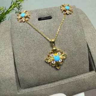 金蓝花卉主题卡博尚中心项链
