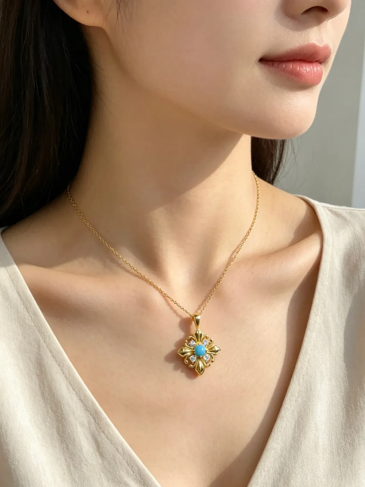 Gold Blue Floral Motif Cabochon Center Necklace 3