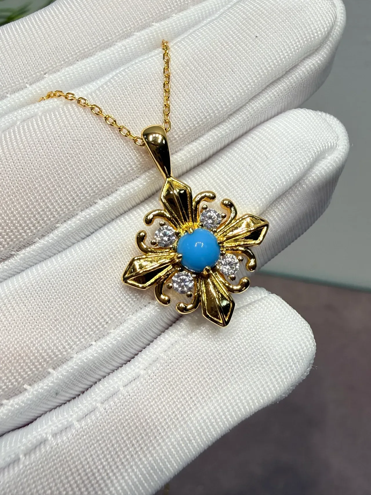 Gold Blue Floral Motif Cabochon Center Necklace 5
