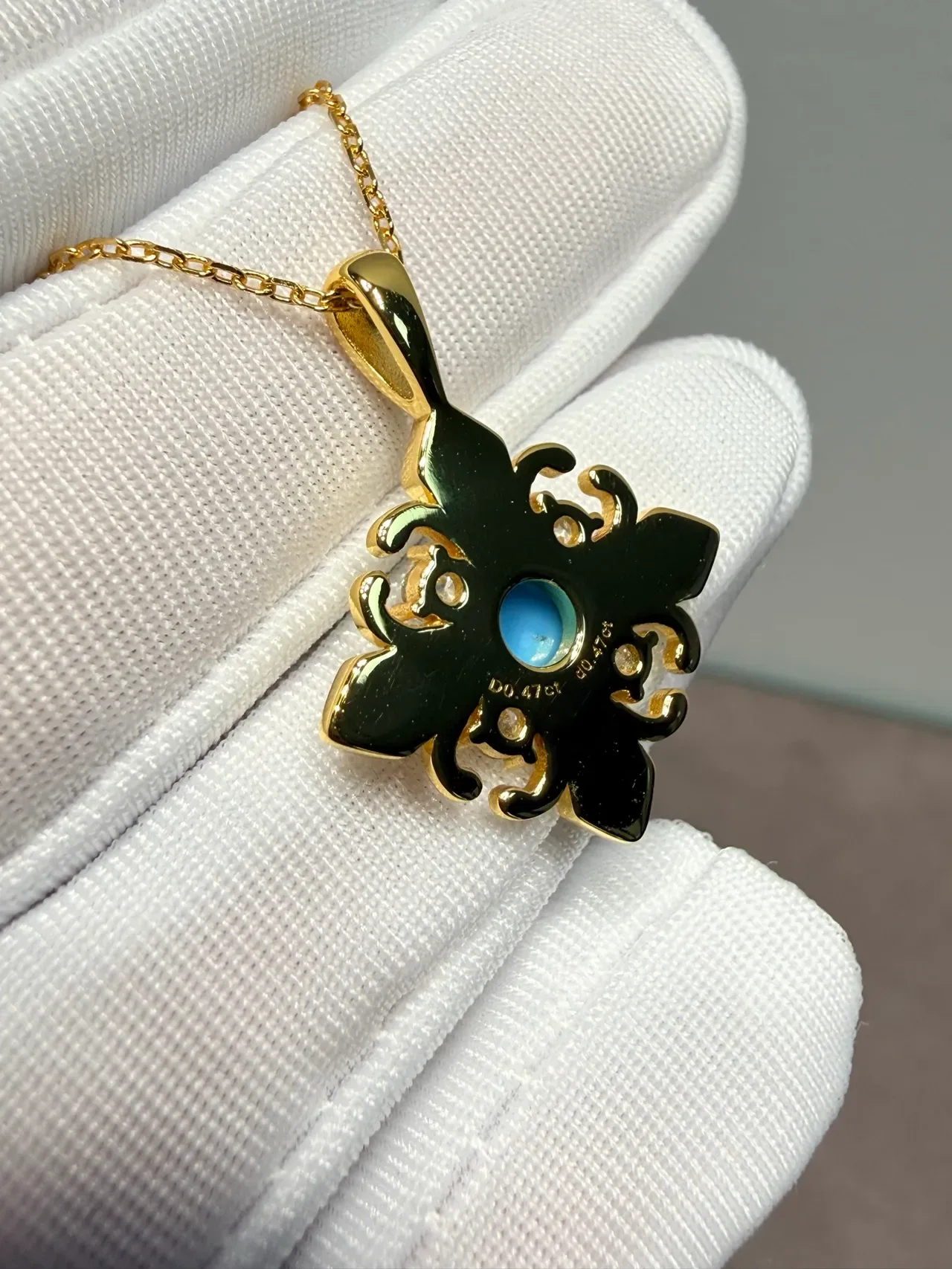 Gold Blue Floral Motif Cabochon Center Necklace 6