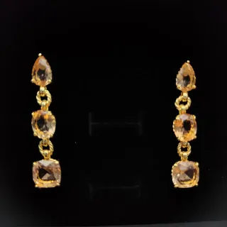 Gold Brown Three-Stone Drop Twisted Rope Links Earrings