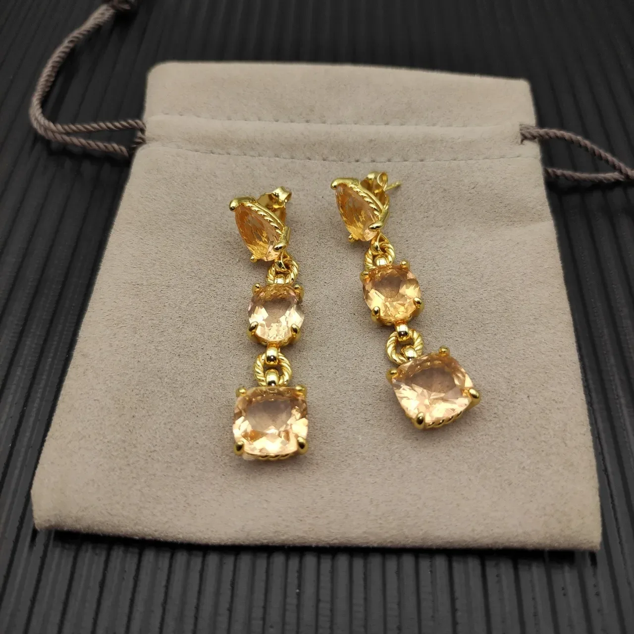 Gold Brown Three-Stone Drop Twisted Rope Links Earrings 3