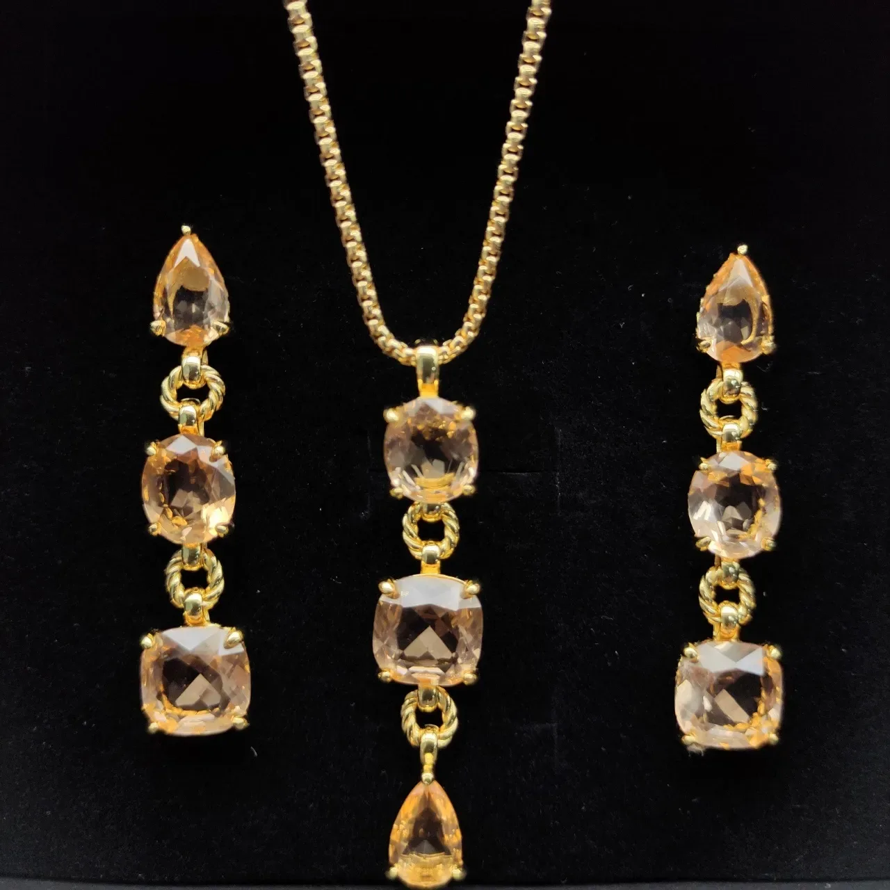 Gold Brown Three-Stone Drop Twisted Rope Links Earrings 8