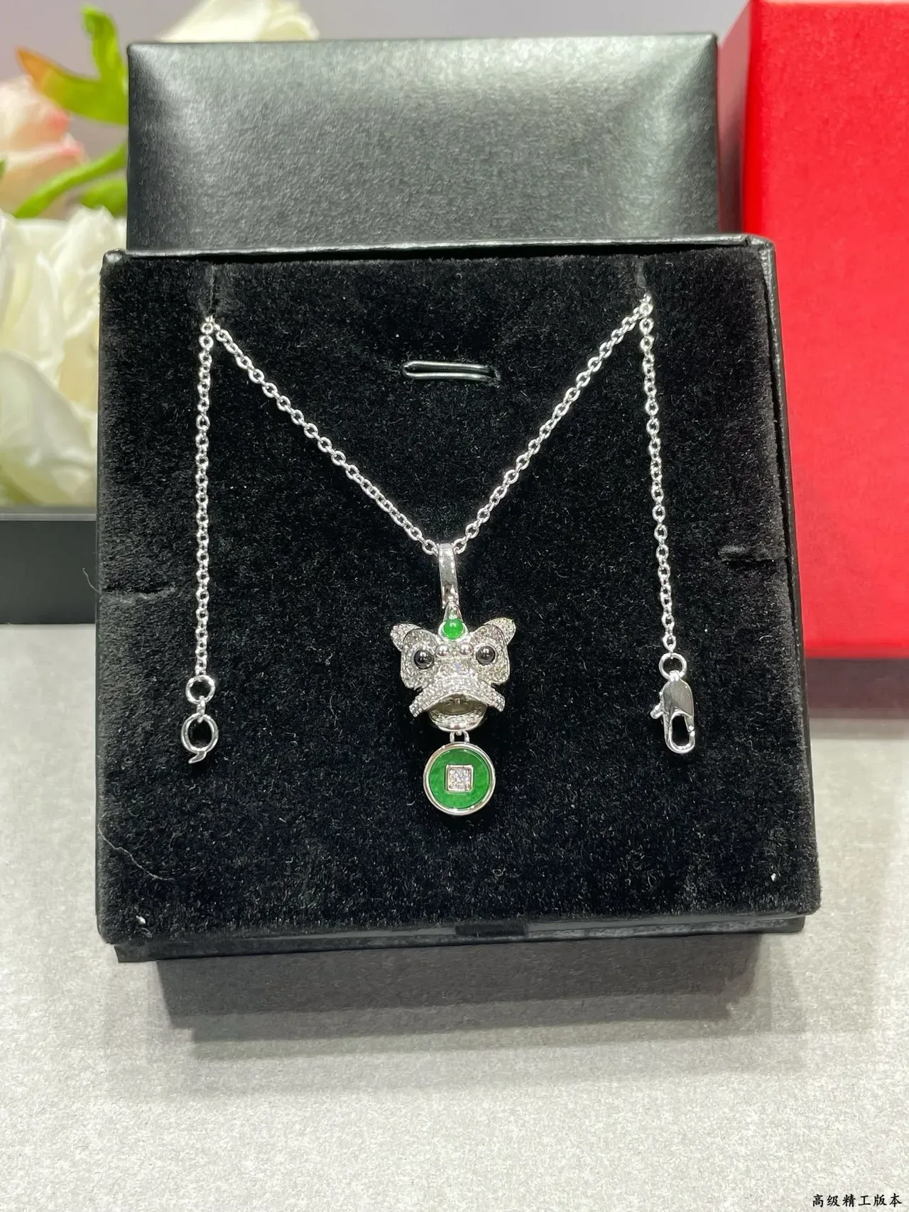 Gold Green Cat-Head Pendant Dangling Coin Charm Necklace 7