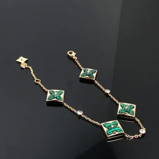 Pulsera Cadena Oro Verde Placas Cuadradas Malaquita Florales