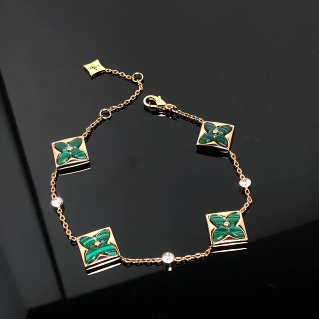 Gold Green Chain Square Malachite Floral Plaques Bracelet 3