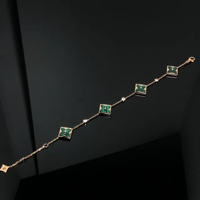 Gold Green Chain Square Malachite Floral Plaques Bracelet 4