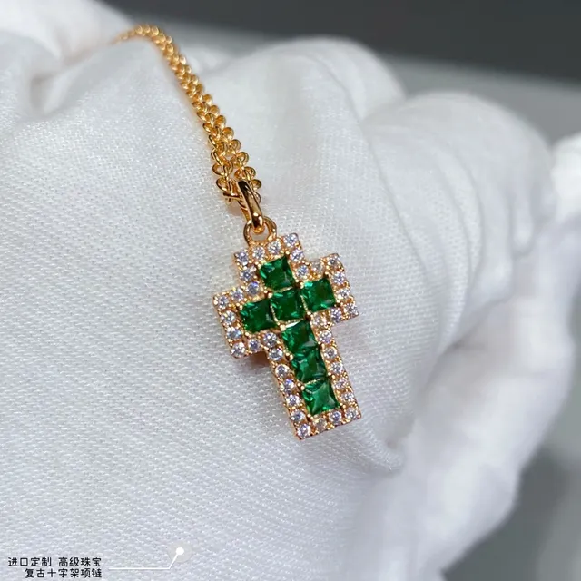 Gold Green Curb Chain Pavé-Set Cross Pendant Necklace 6
