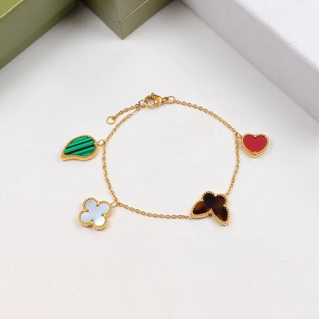 Gold Multicolor Chain Four Charm Pendants Bracelet 3