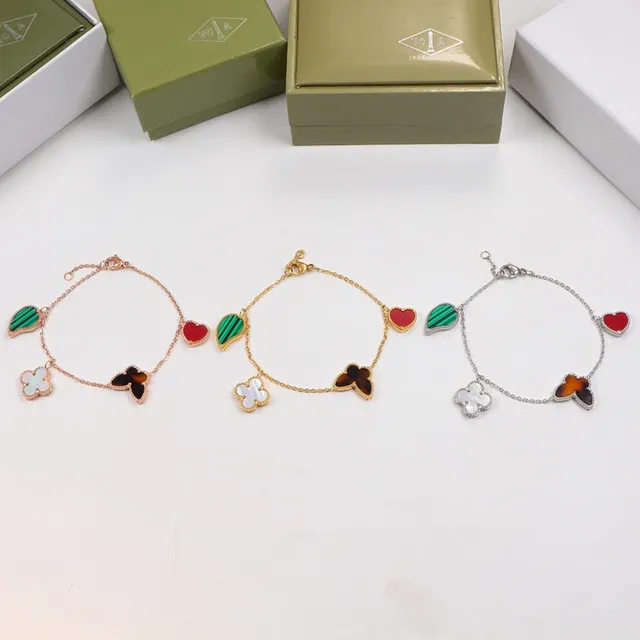 Gold Multicolor Chain Four Charm Pendants Bracelet 4